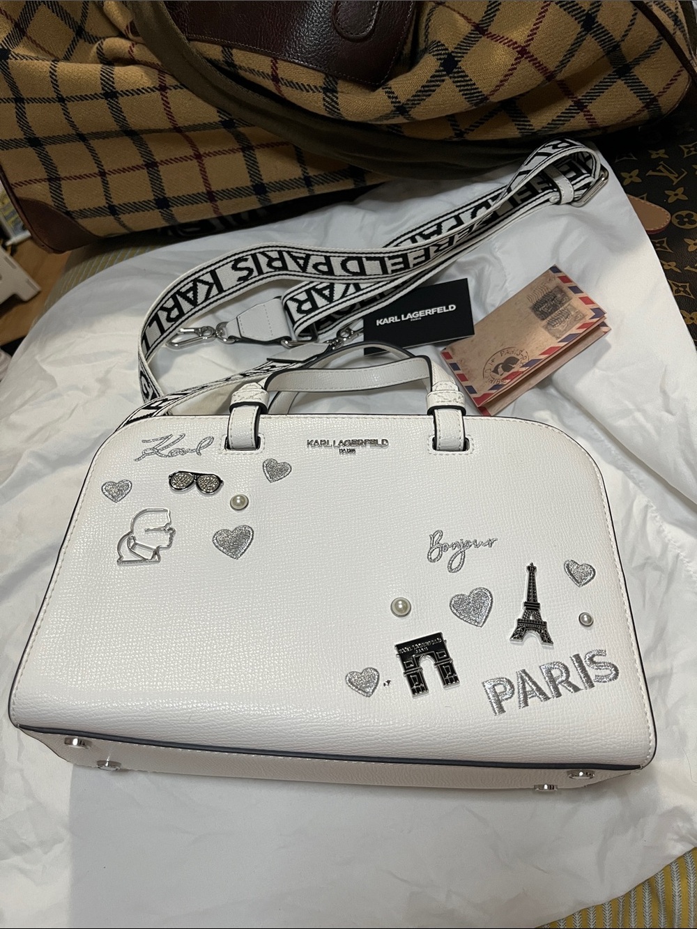 Karl Lagerfeld White Paris Embellished Satchel with Branded Strap